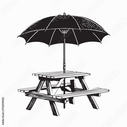 Outdoor Picnic Table with Umbrella Vector Illustration on white background