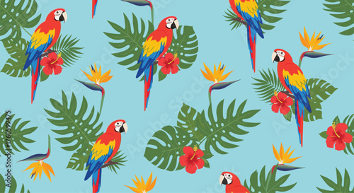Colorful macaws and tropical flowers pattern.