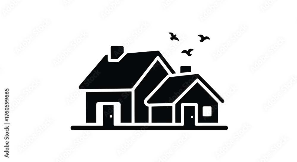 Fototapeta premium Simple black silhouette of a house with birds flying above it