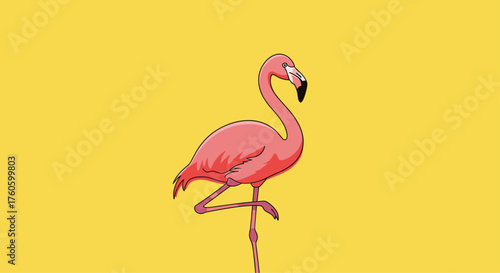 A vibrant pink flamingo stands on one leg against a bright yellow background.