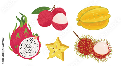 A vibrant assortment of exotic tropical fruits including starfruit lychee rambutan and dragon fruit.