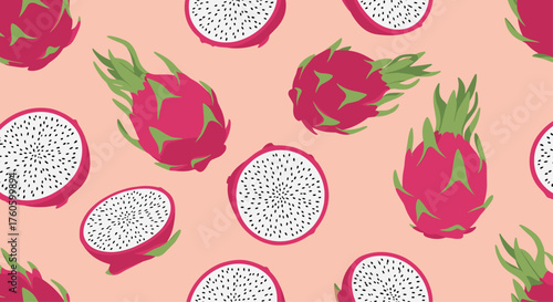 A repeating pattern of whole and halved dragon fruits on a light peach background.