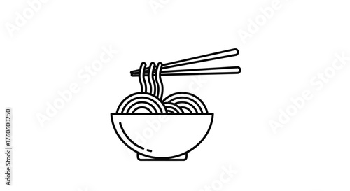 Simple line drawing depicts a bowl of noodles with chopsticks above