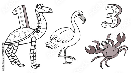 Cartoonish Numbered Animals OneLegged Bird Flamingo and Crab with Number Three