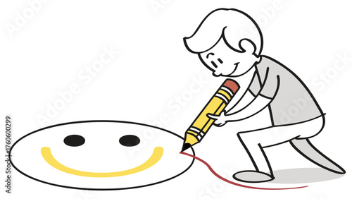Cheerful Figure Drawing a Smiling Face with a Pencil Creative Concept