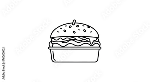 Simple black and white line drawing of a classic hamburger in a container