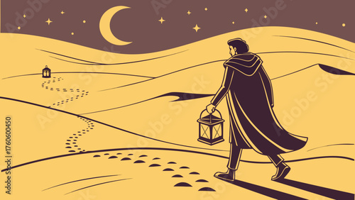 Illuminated Journey A Figure Walks Through Desert Under Crescent Moon