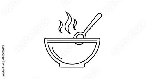 Simple line drawing of a steaming bowl with a spoon inside