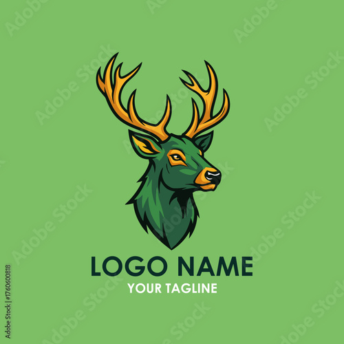 A stylized illustration of a green deer head with large antlers against a plain green background, featuring the text "LOGO NAME YOUR TAGLINE" below.
