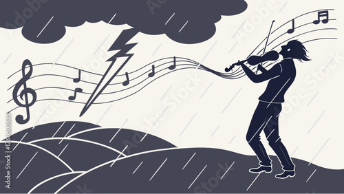 Violinist silhouette playing under stormy clouds with musical notes and lightning