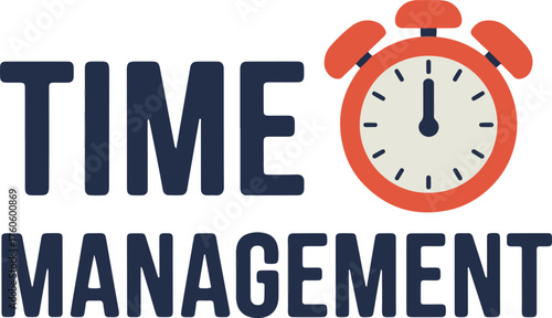 Illustration of time management with a clock icon and bold text on a simple background design