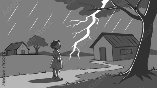 Young Girl Gazing at Lightning During a Stormy Day in the Countryside