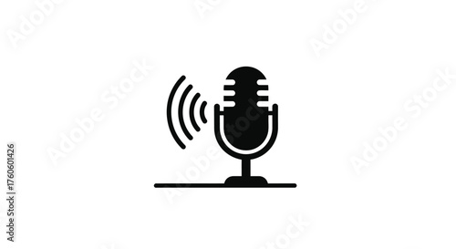 Simple black and white illustration of a vintage style microphone icon
