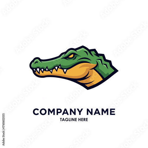 A vibrant logo design featuring a green alligator head with sharp teeth and an intense gaze.
