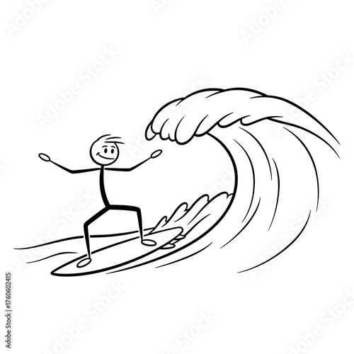 Stick figure surfing on a wave in a minimalist illustration style  