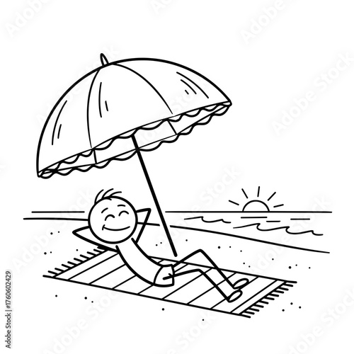 Stick figure relaxing under beach umbrella on sandy shore at sunset  