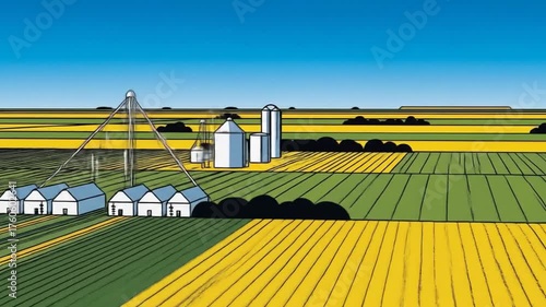 Animated Illustration of Large Modern Farm with Grains Silos and Colorful Crops Under Bright Blue Sky