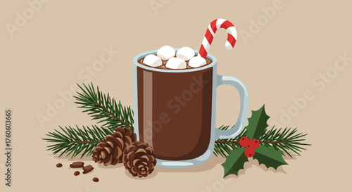 Vector Illustration of Hot Chocolate Mug with Marshmallows and Holiday Decor in Modern Cozy Style