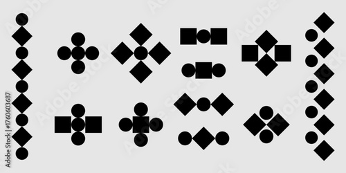 Symmetrical geometric compositions of circles, squares, and diamonds, vector