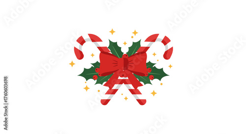 Vector Christmas Decorative Element with Candy Canes Holly Leaves and Red Bow in Modern Festive Style