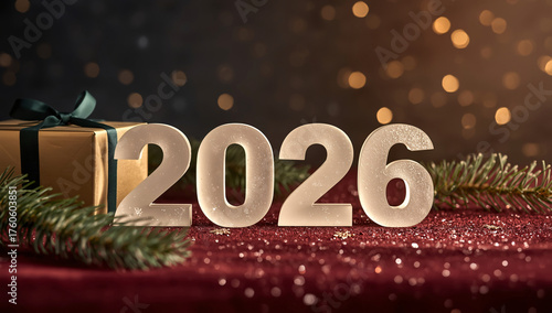 Exciting 2026 holiday celebration with gift and sparkly decorations