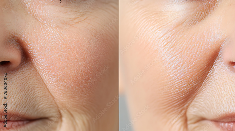 Naklejka premium Before & After: A close-up comparison showcases the effects of skin treatment. Noticeable reduction of wrinkles and improved skin texture. Showing the effect of beauty treatments.