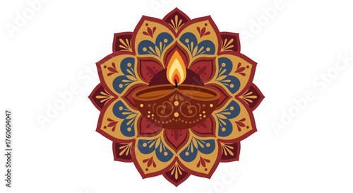 Vector Illustration of Diwali Oil Lamp in Traditional Mandala Style with Rich Red Gold and Blue Colors