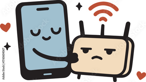 Cute Cartoon Smartphone Hugging Wi-Fi Router in Flat Vector Style