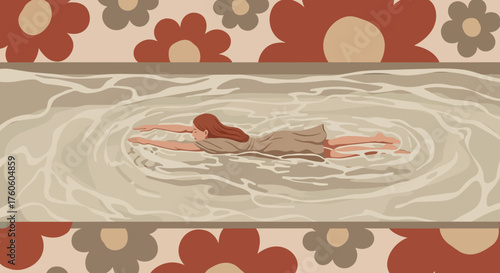 Young woman swimming in swirling water surrounded by floral pattern  