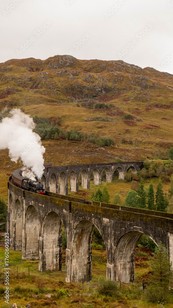 Obraz premium The Jacobite Steam Train crossing the Glenfinnan Viaduct