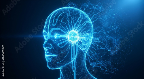 Human Head with Glowing Brain in Futuristic Blue Neon Lighting on Dark Background for Technology