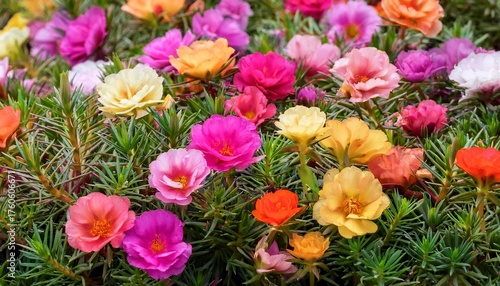Portulaca Grandiflora Multi Color Flowers Blooming In Garden Top View Background Rose Jepun Portulacaceae Portulace Grandiflora Rosemoss