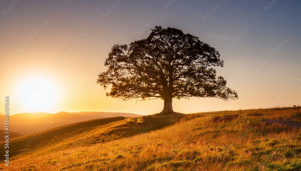 Obraz premium Majestic Solitary Oak Tree Stands Tall On A Rolling Hill At Sunset Bathed In Soft Warm Light