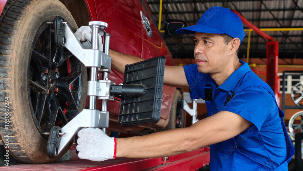 Φωτογραφία A technician inspects the quality of tires at a large, modern warehouse equipped with forklifts and piles of tires