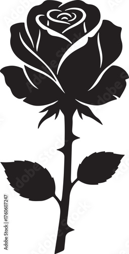 Elegant Single Rose Flower Silhouette Vector Black Thorned Stem Tattoo and Logo Design