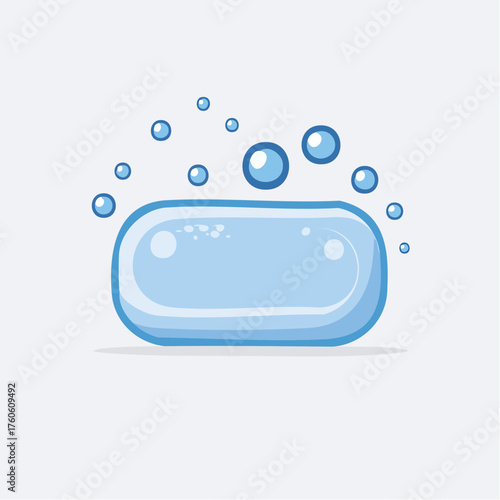 Cartoon depiction of a bar of soap surrounded by bubbles on white background