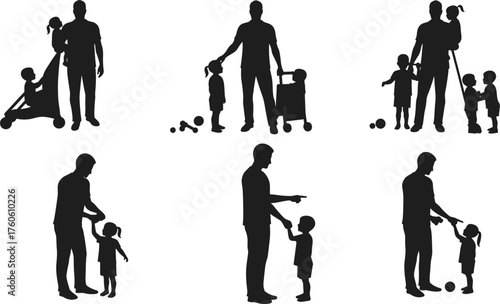 Adult and child silhouettes, parenting moment, guidance gesture, shopping scene, playtime interaction, minimal style, family care, posture, communication, bondingAdult and child silhouettes, 