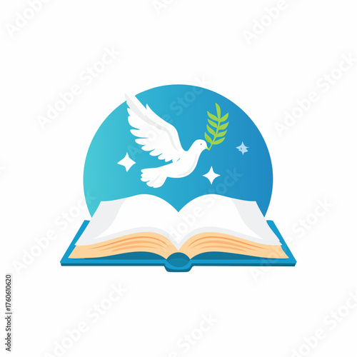 Dove of peace flying above an open book representing knowledge and spirituality