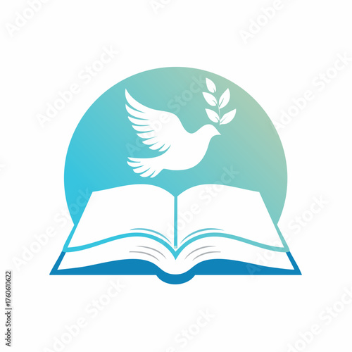 Dove of Peace with Olive Branch Flying Above an Open Book Symbolizing Knowledge