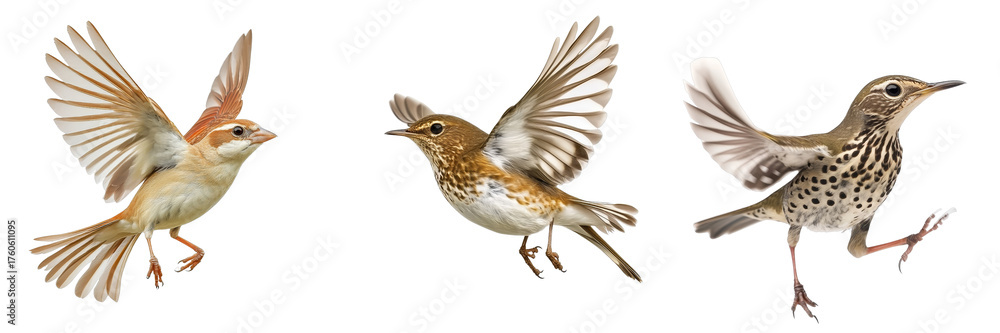 Fototapeta premium Three songbirds in flight, detailed plumage, isolated on transparent background, avian, wildlife, nature, birds, songbird, flight, wings, nature, wildlife, songbird, flight, wings, avian
