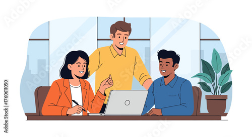 Business team collaboration with laptop in modern office