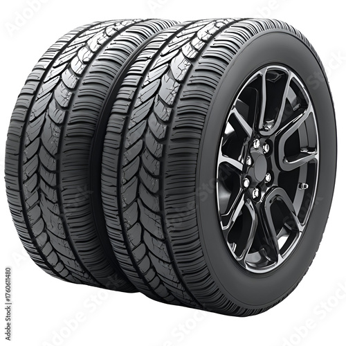 Closeup of stacked tires and wheel rims with transparent background