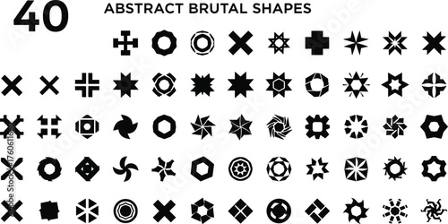 Abstract brutal shape icon set with geometric, symmetrical, cross, star, and circle silhouettes for bold vector graphic design