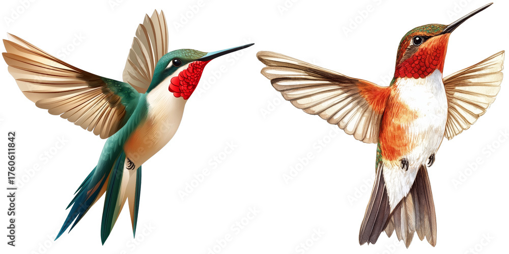 Obraz premium Two Detailed Hummingbirds in Flight, Isolated on Transparent Background, Avian Beauty, Nature Art, Winged Wonders, Bird Illustration, Wildlife Art