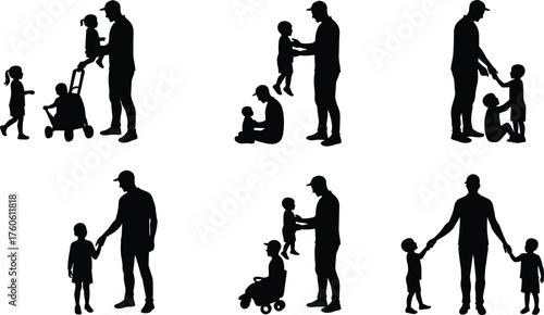 Adult and children, silhouette interaction, parenting moment, stroller push, lifting child, family bonding, caregiving gesture, minimal style, guidance, companionship