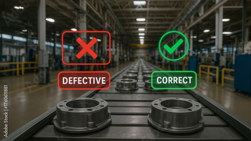 Factory assembly line with industrial parts marked defective and correct using digital ai automation technology quality control inspection manufacturing process technology production accuracy and sta