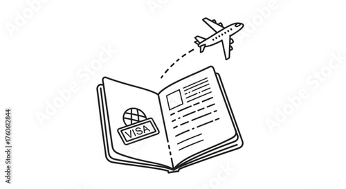 Hand drawn illustration of a passport and airplane travel and tourism concept in doodle style with visa stamp