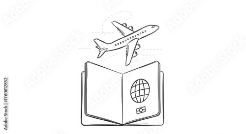 Hand drawn illustration of a passport and airplane travel and tourism concept in doodle style vacation planning