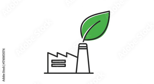 Icon of a factory with a leaf, representing green industry, sustainable manufacturing, and environmental responsibility