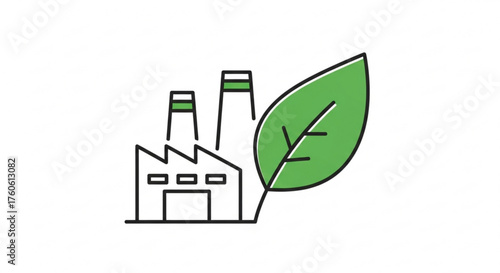 Icon of a factory with a leaf, representing green industry, sustainable manufacturing, and environmental responsibility